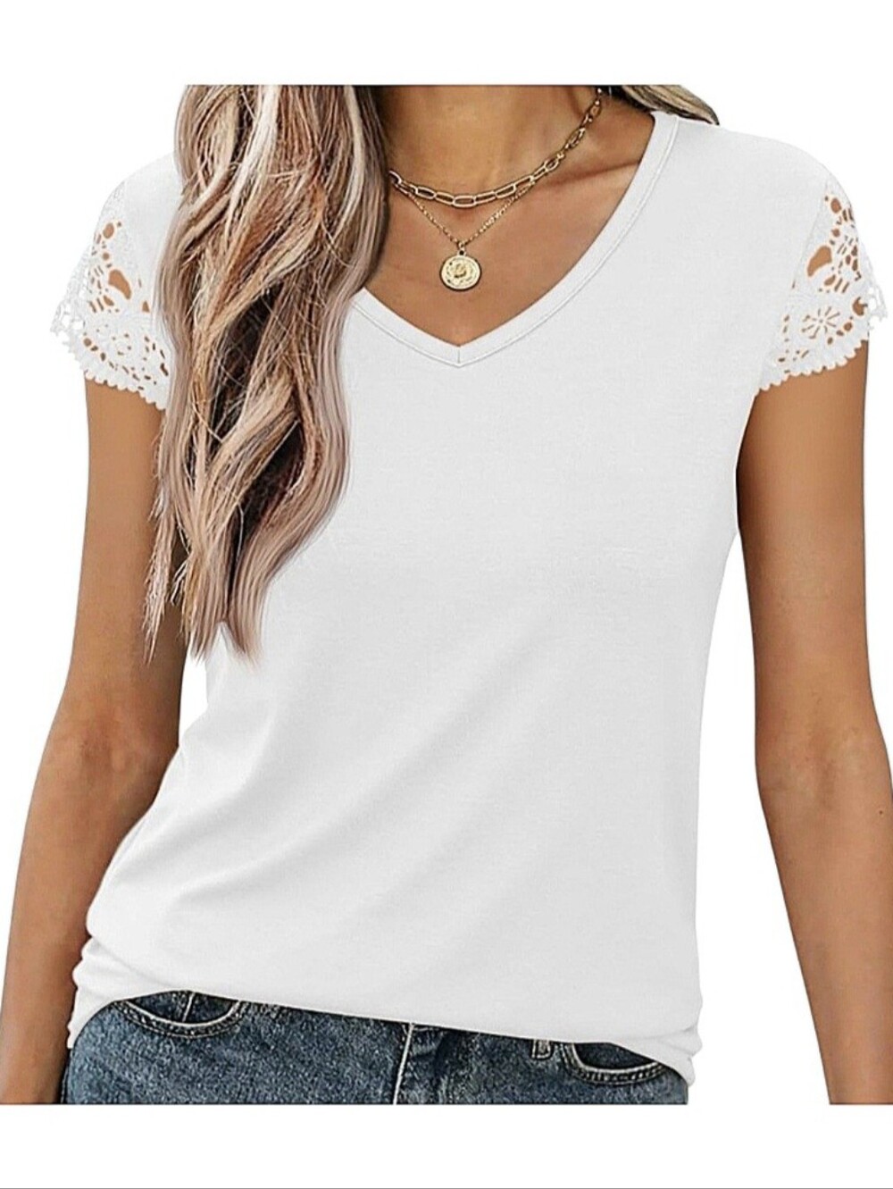 New Women's White V-Neck T-Shirt with Lace Cap Sleeves Size M